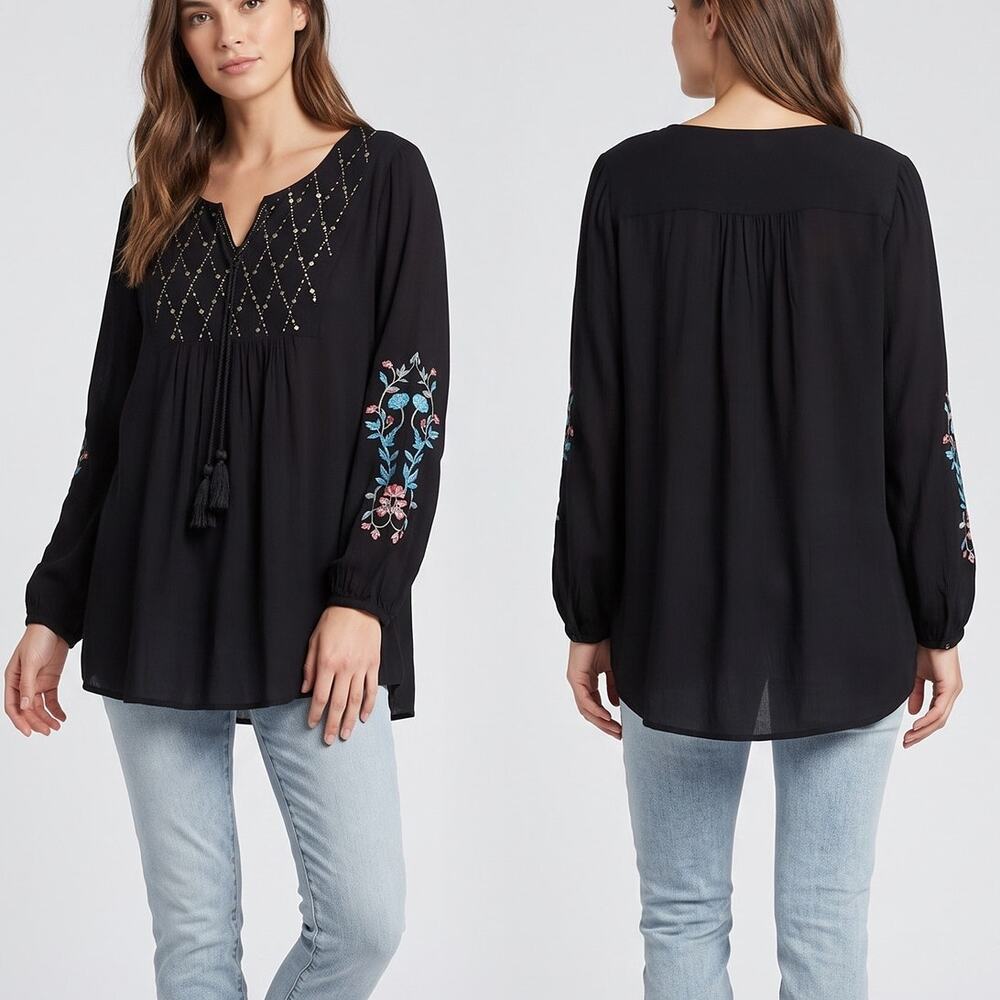 Style & Co Woman Plus Size 2X Black Peasant Top Tassels Sleeve Embroidery Rayon